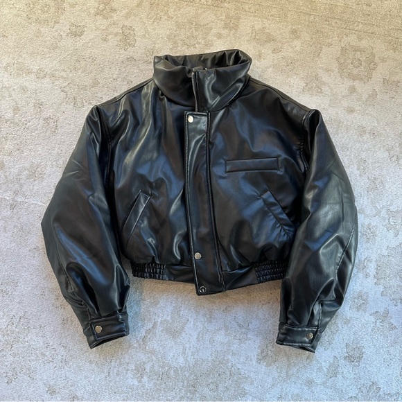 Nakd Fashion Black Cropped Vegan Leather Bomber Jacket - Picture 1 of 7